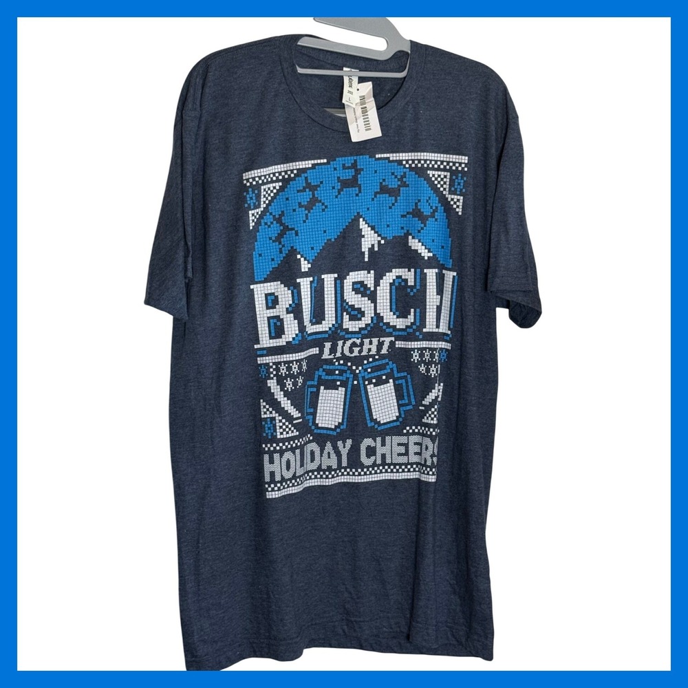 Busch Light Holiday Cheer Christmas Graphic Tee Shirt Heather Navy Large NWT